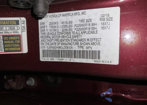 2016 Honda Cr-V Touring from USA, damaged, VIN 5J6RM3H96GL008106